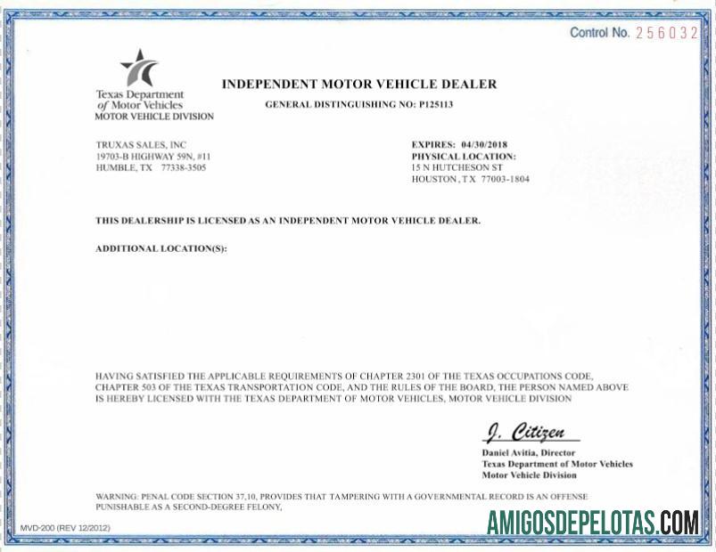 Revendedor independente de veículos motorizados nos EUA e Texas baixar para verificação